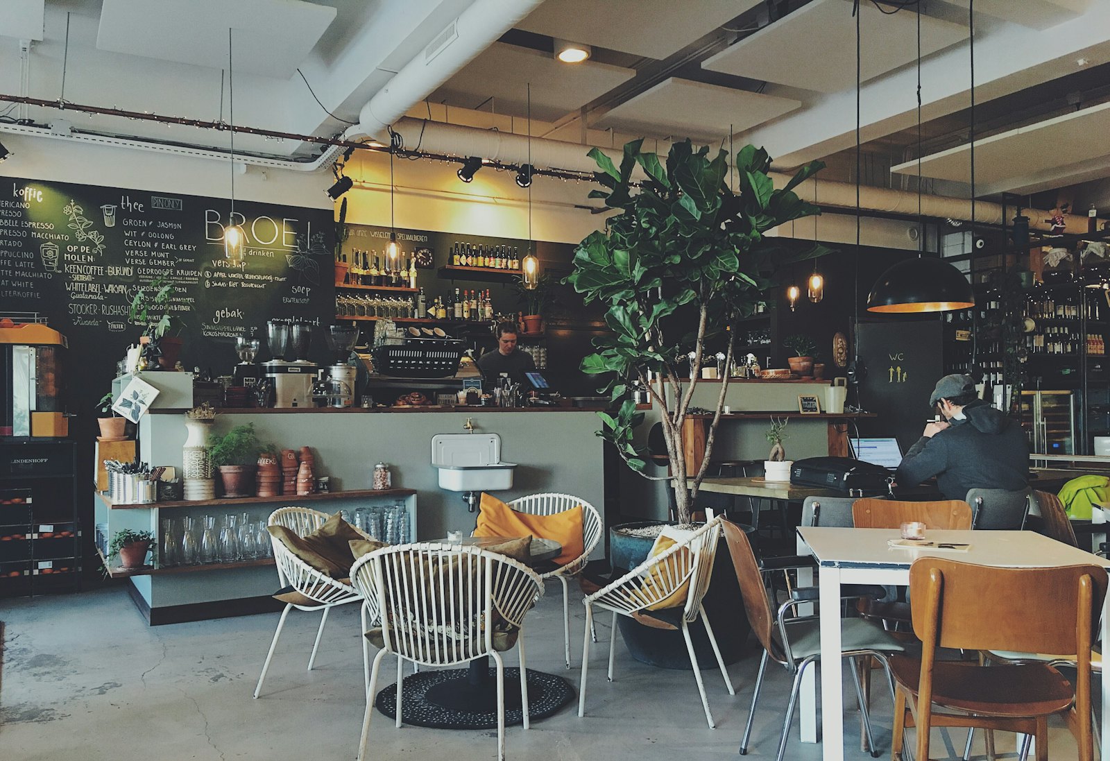 Cafe interior with chalkboard menu, rattan chairs, and potted plants
